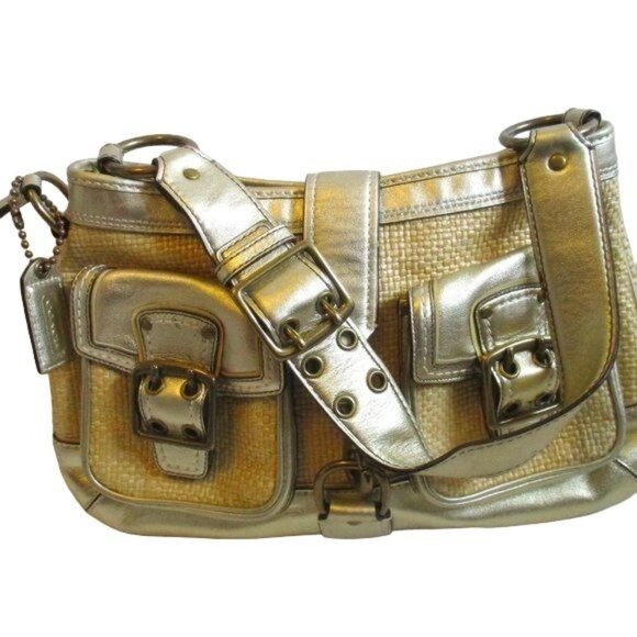 Coach Legacy Gold Metallic Straw & Leather Satchel Shoulder Bag